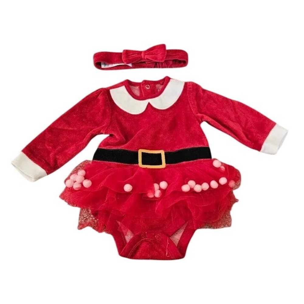 Baby Tu Red Velvet Christmas Bodysuit Dress Headband Set 0-3 Months Santa Tutu